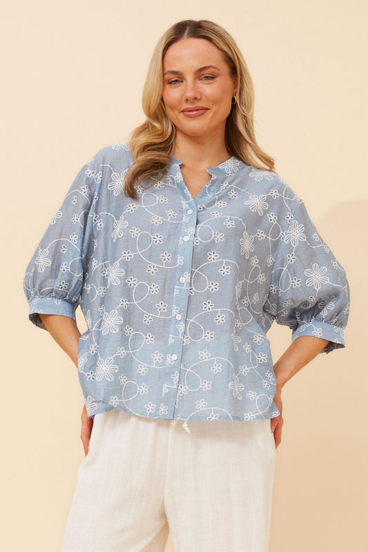 Image of Shirts. Product name - BELINA FLORAL SHIRT in Skylight colour by brand - Caroline Morgan Australia