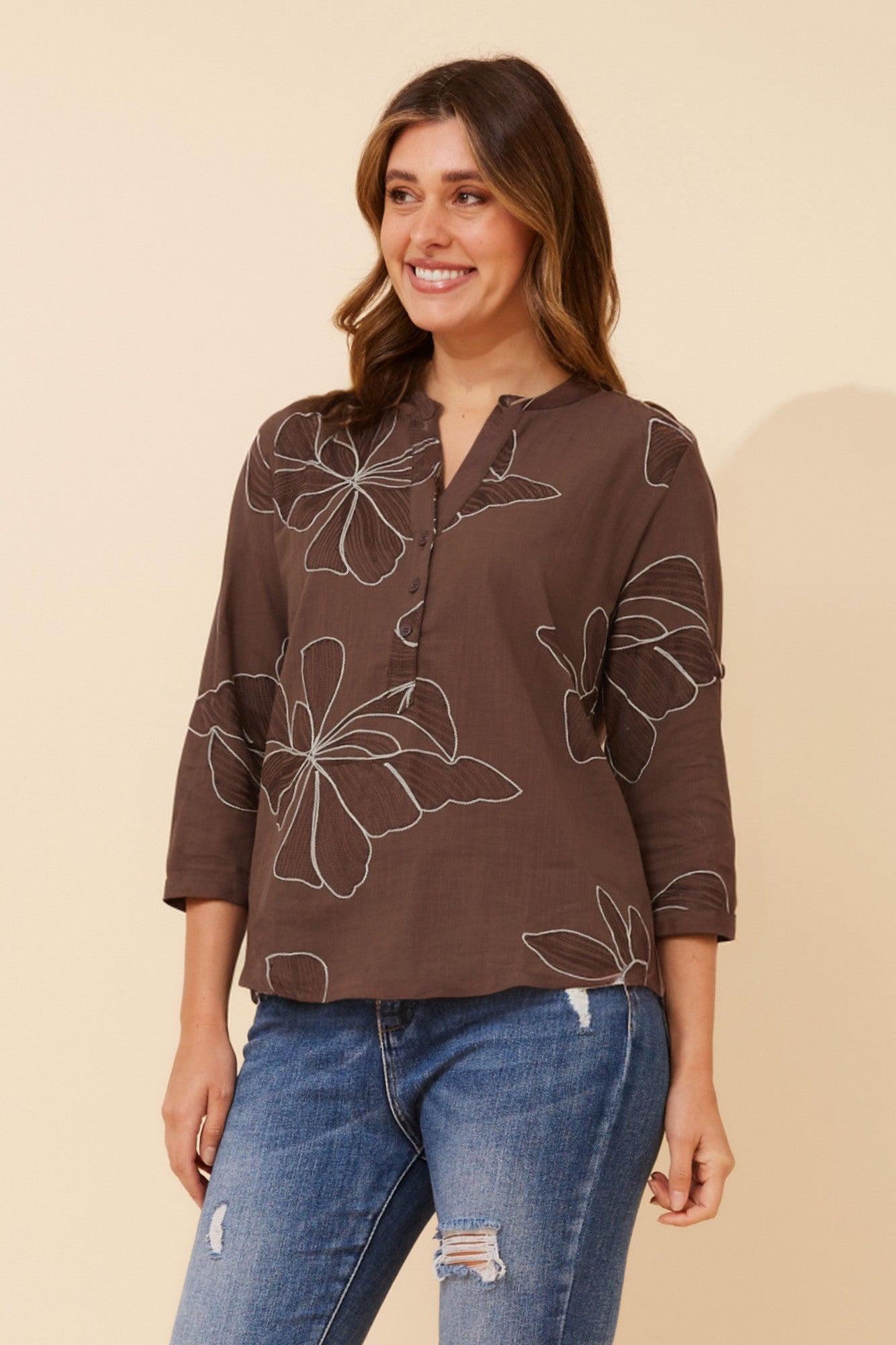 ROMINA FLORAL EMBROIDERED BLOUSE (Chocolate)