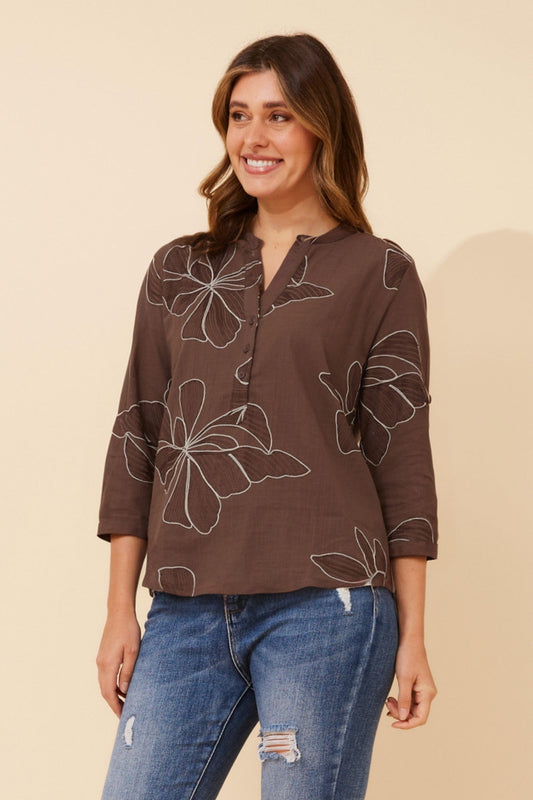 ROMINA FLORAL EMBROIDERED BLOUSE (Chocolate)