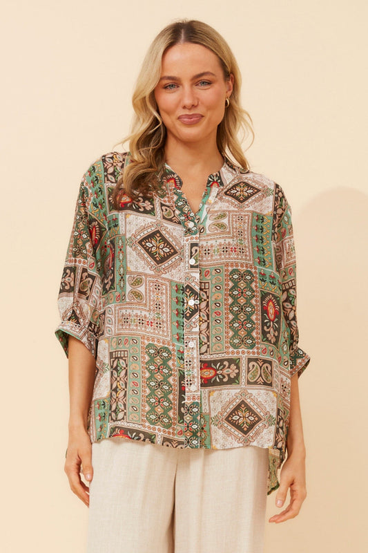 Image of Blouses. Product name - BELINA PATCHWORK PRINT in Multi Green colour by brand - Caroline Morgan Australia