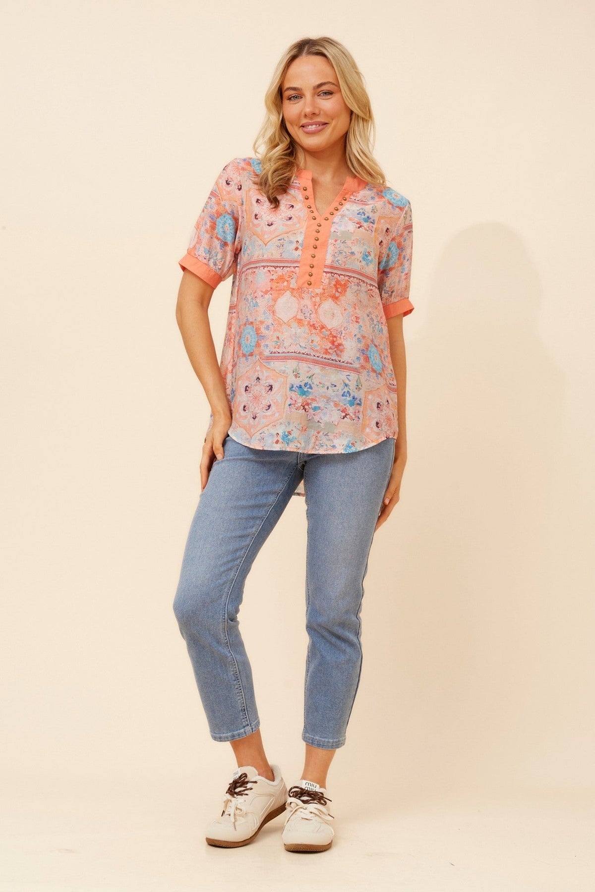 Caroline Morgan Australia ARCHELLE PATCHWORK PRINT TOP (Coral)