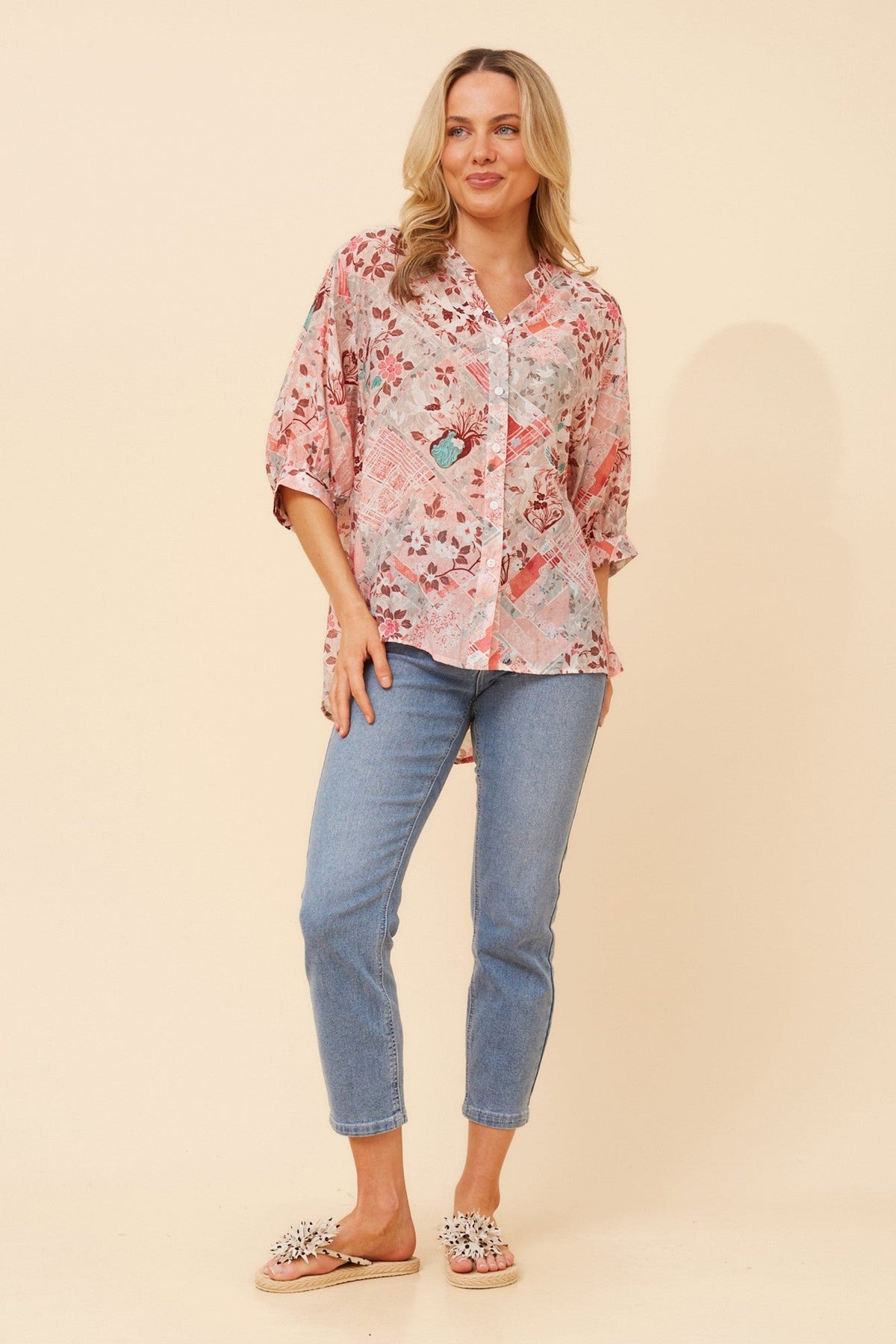 Image of Shirts. Product name - BELINA PATCHWORK PRINT SHIRT in Coral colour by brand - Caroline Morgan Australia
