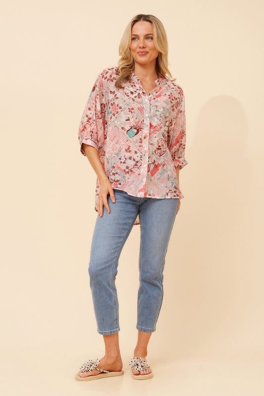 Image of Shirts. Product name - BELINA PATCHWORK PRINT SHIRT in Coral colour by brand - Caroline Morgan Australia