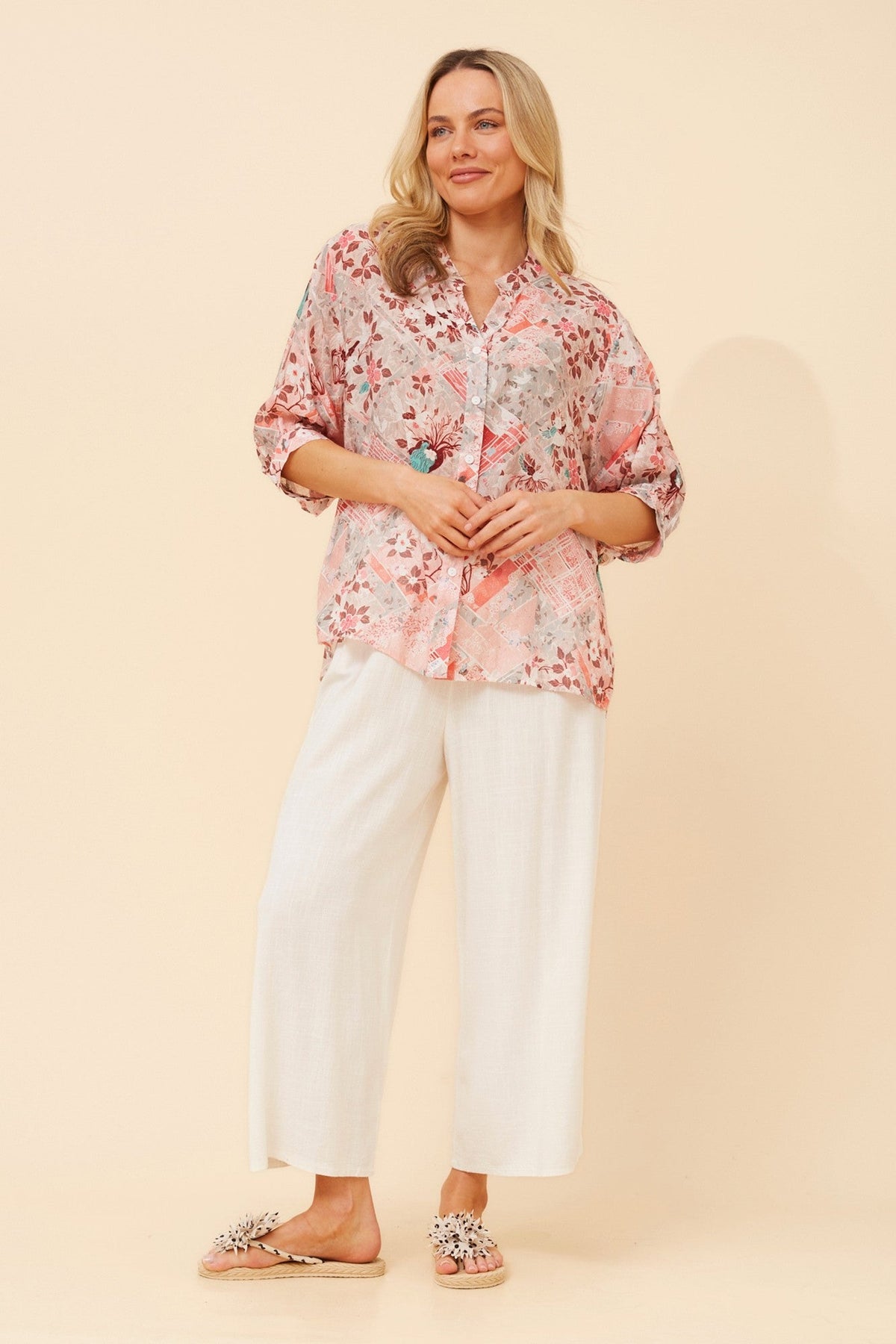 BELINA PATCHWORK PRINT SHIRT (Coral)