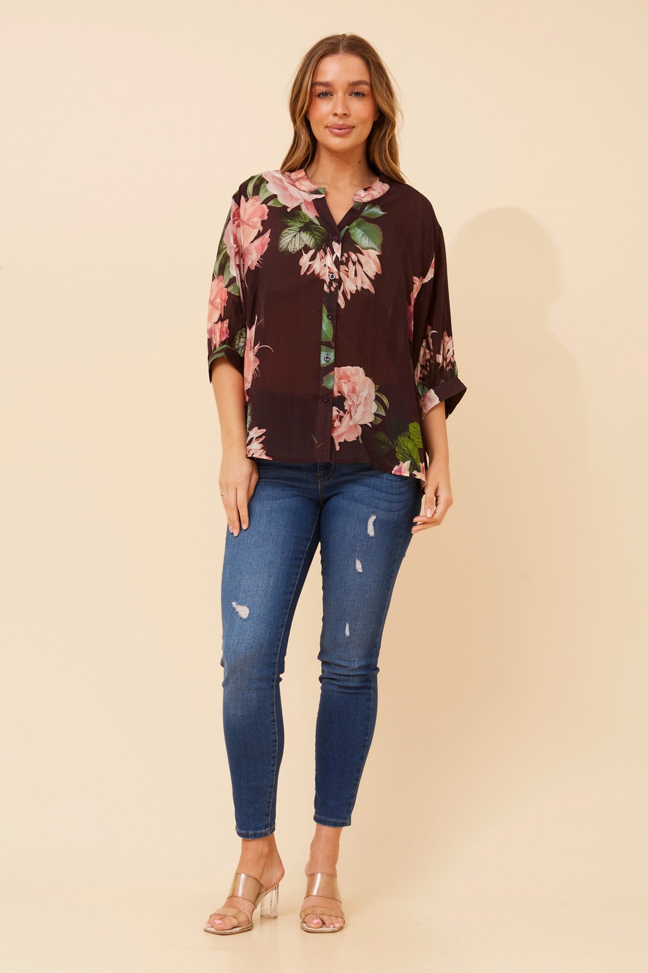 Image of Shirts. Product name - BELINA FLORAL SHIRT in Eggplant colour by brand - Caroline Morgan Australia