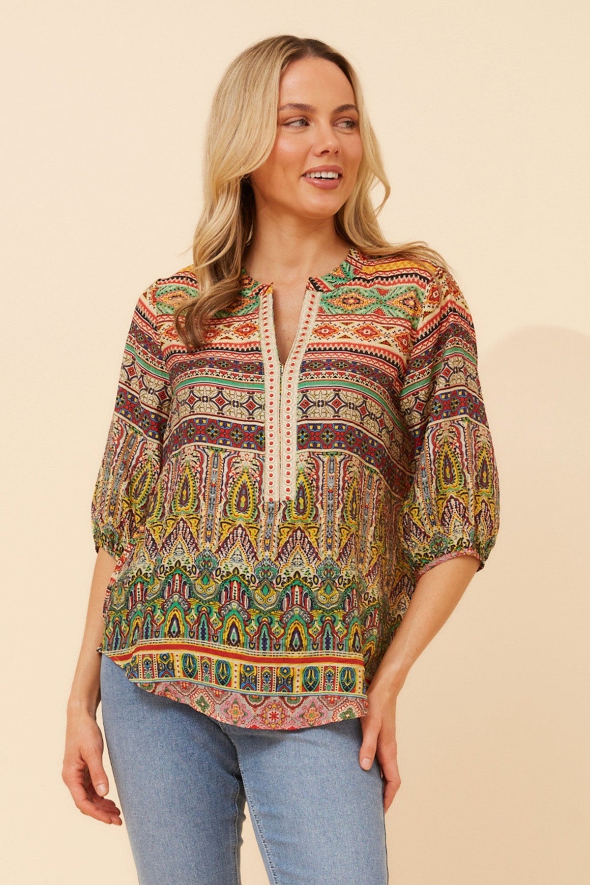 YANAE BORDER PRINT TOP (Multi Green)