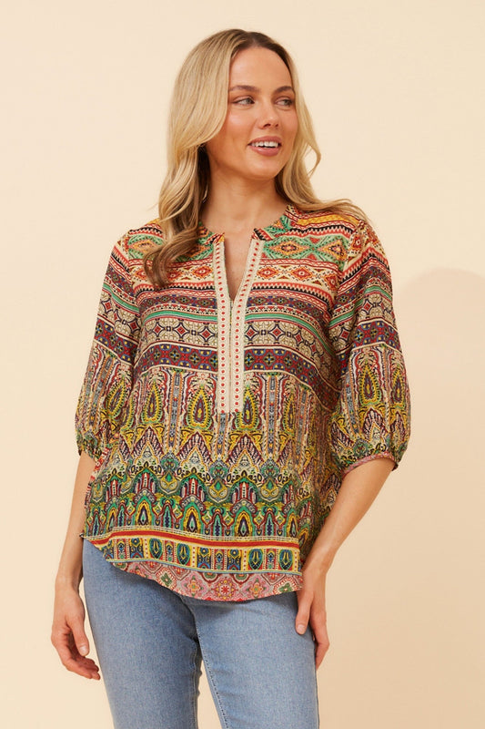 Caroline Morgan Australia YANAE BORDER PRINT TOP (Multi Green)