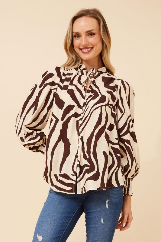 Image of Blouses. Product name - FERRIS ABSTRACT PRINT BLOUSE in Chocolate colour by brand - Caroline Morgan Australia