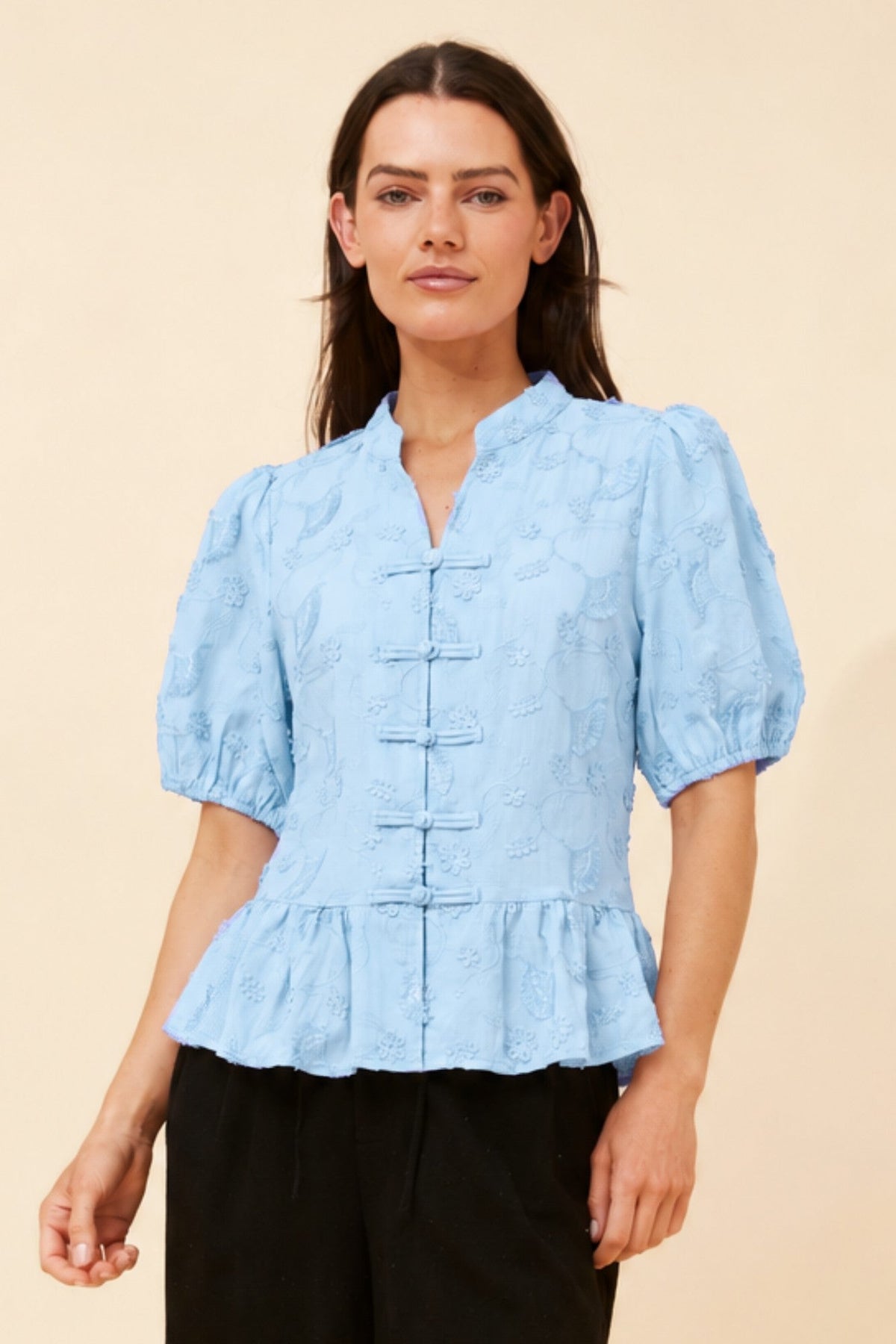 Caroline Morgan Australia WITLEE EMBROIDERED PEPLUM TOP (Blue)