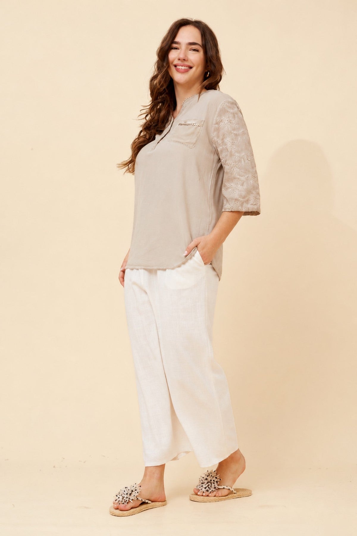 BOTTEGA MODA KAYLA EMBROIDERED TOP (Beige)
