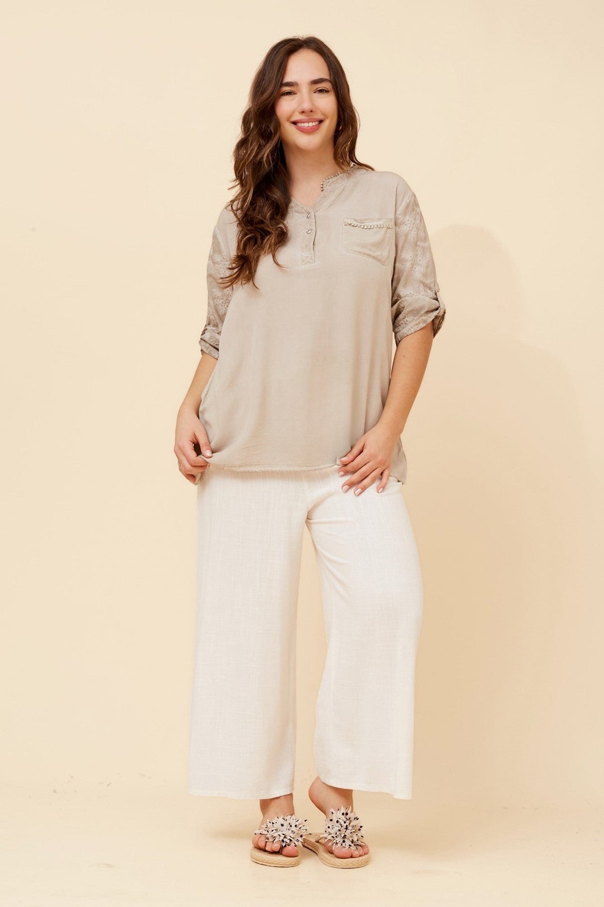BOTTEGA MODA KAYLA EMBROIDERED TOP (Beige)