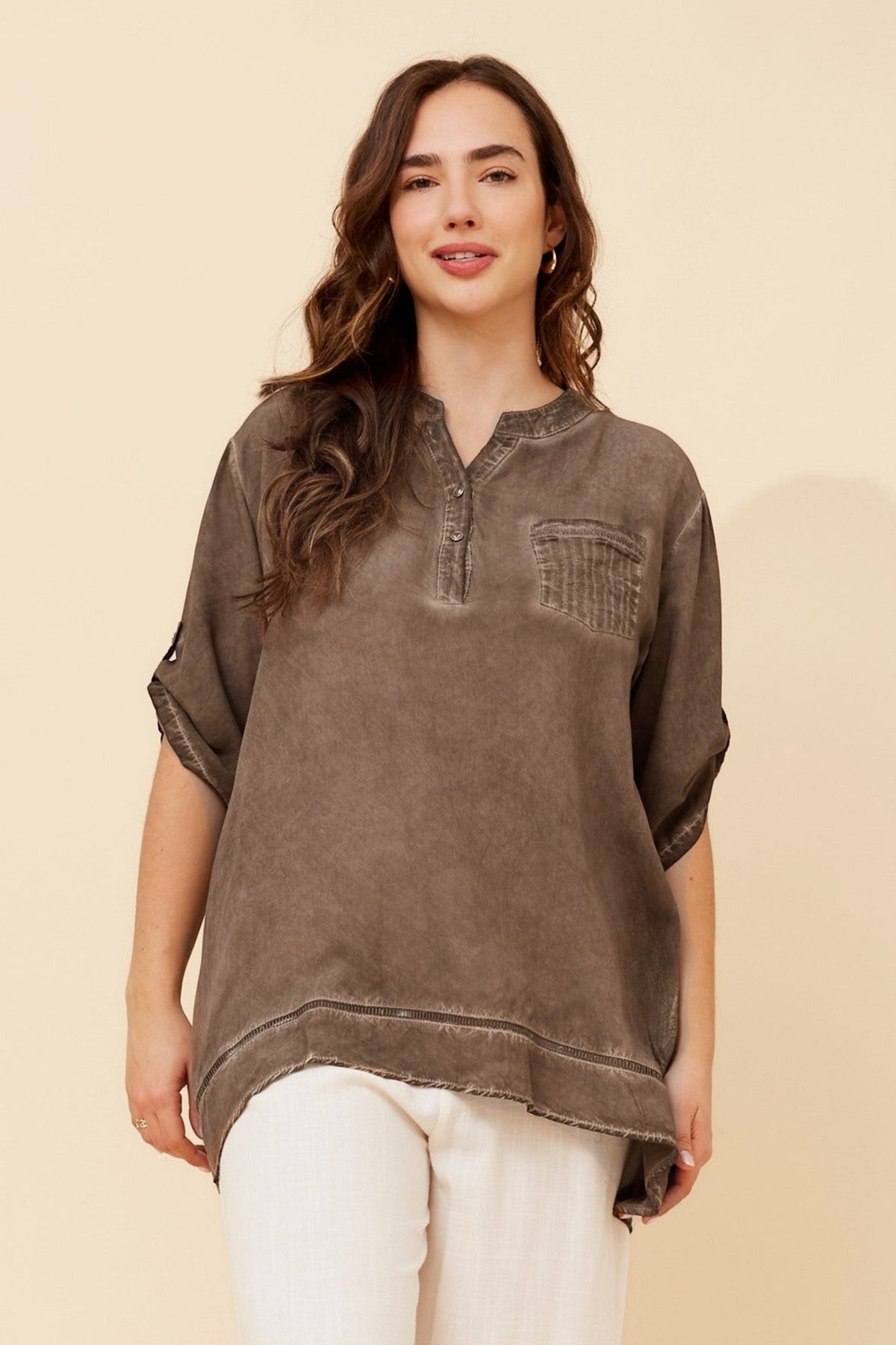 Image of a model wearing Tops. Product name - RAY SOLID TOP in Coffee colour by brand - BOTTEGA MODA