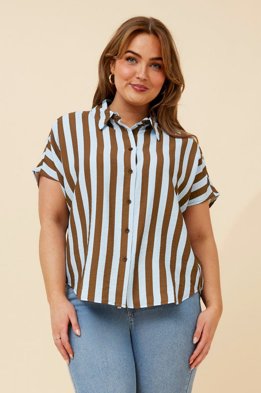 Image of Shirts. Product name - DANITA STRIPE PRINT SHIRT in Blue colour by brand - Caroline Morgan Australia