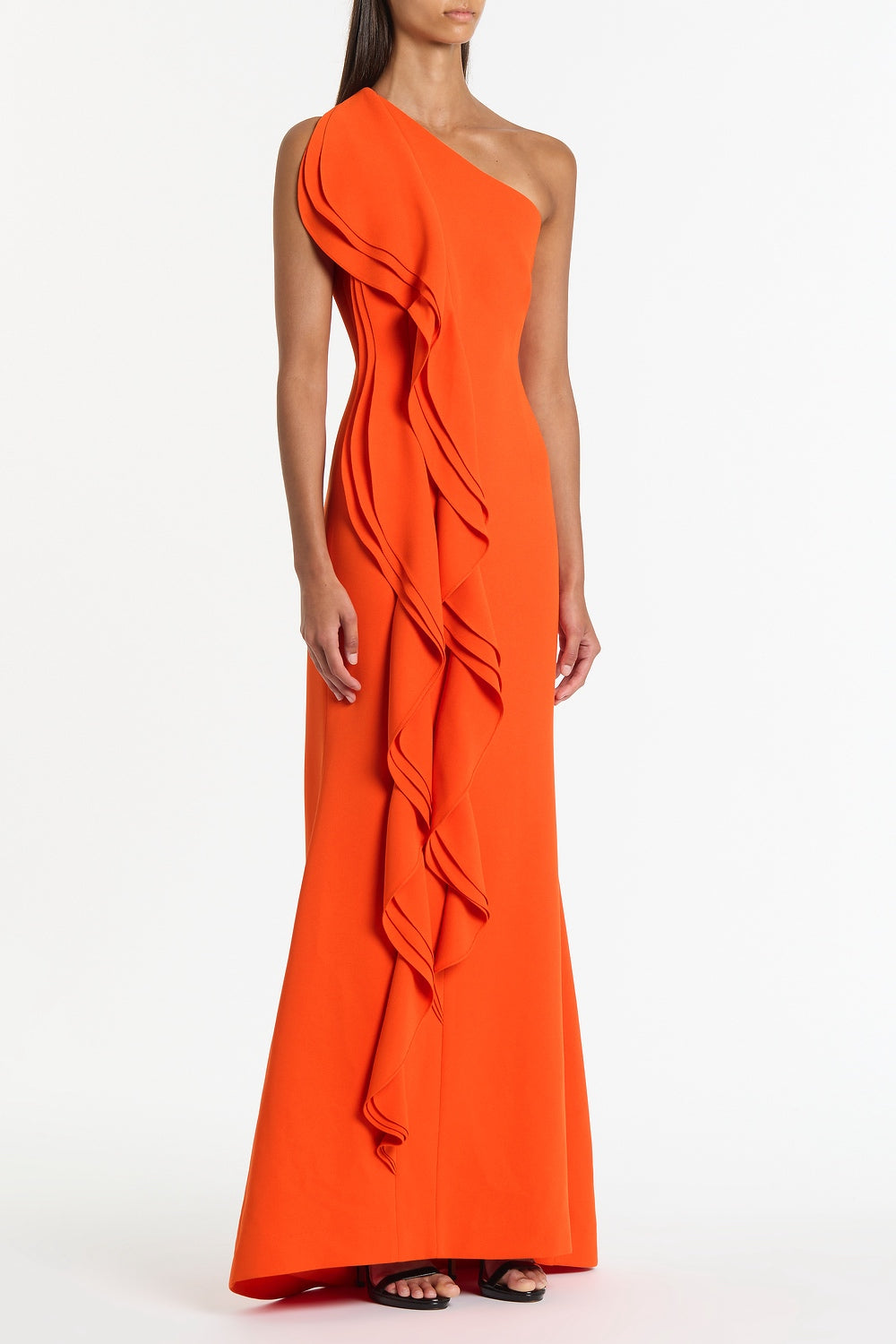 Carla Zampatti Tangerine Crepe One Shoulder Petal Gown (Orange)
