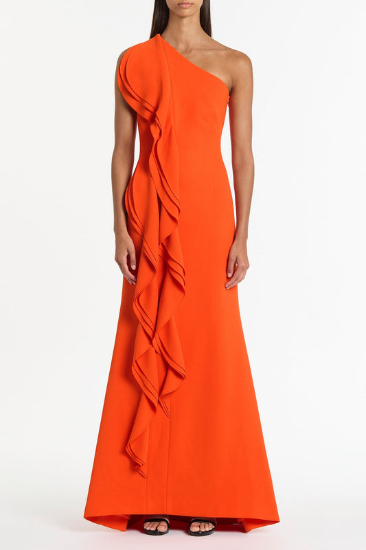 Image of Dresses. Product name - Tangerine Crepe One Shoulder Petal Gown in Orange colour by brand - Carla Zampatti