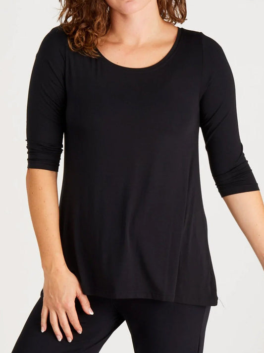 Image of a model wearing Tops. Productname: TANI 3/4 SLEEVE SWING TOP in Black colour by brand - Tani