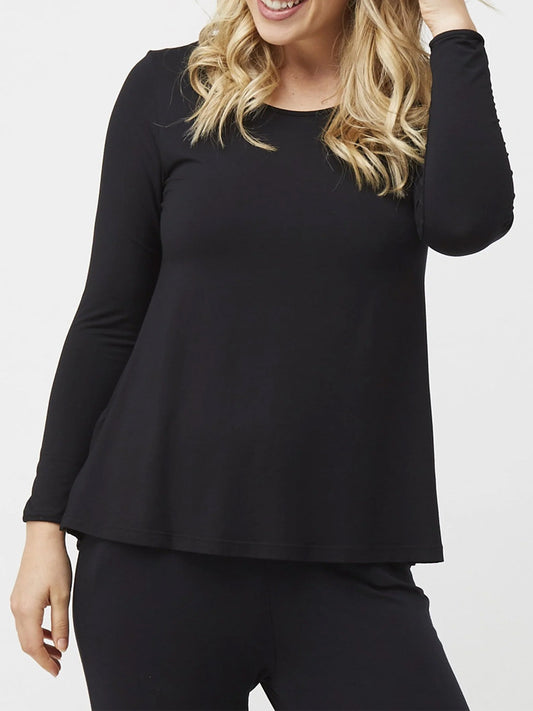 Image of a model wearing Tops. Productname: TANI SWING SPLIT HEM LONG SLEEVE TEE in Black colour by brand - Tani