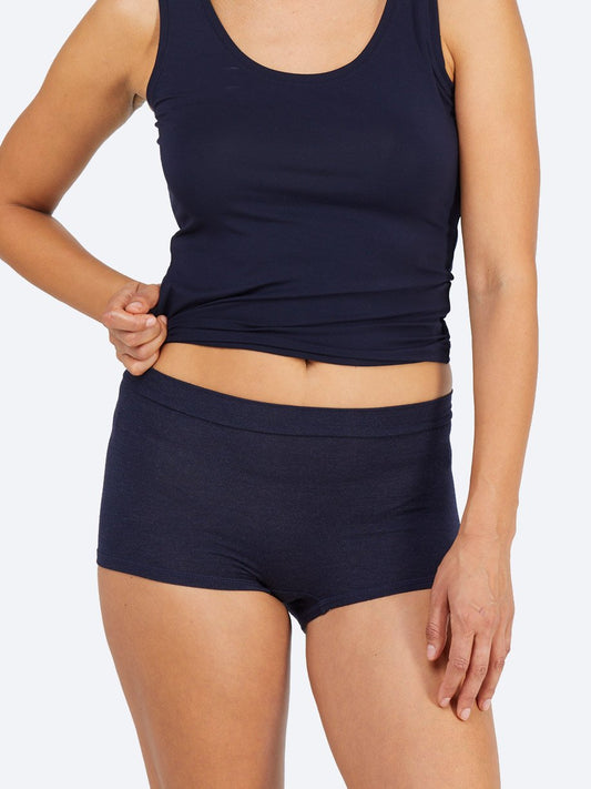 Image of a model wearing Pants. Productname: TANI MARLE BOYLEG SHORT in Midnight Marle colour by brand - Tani