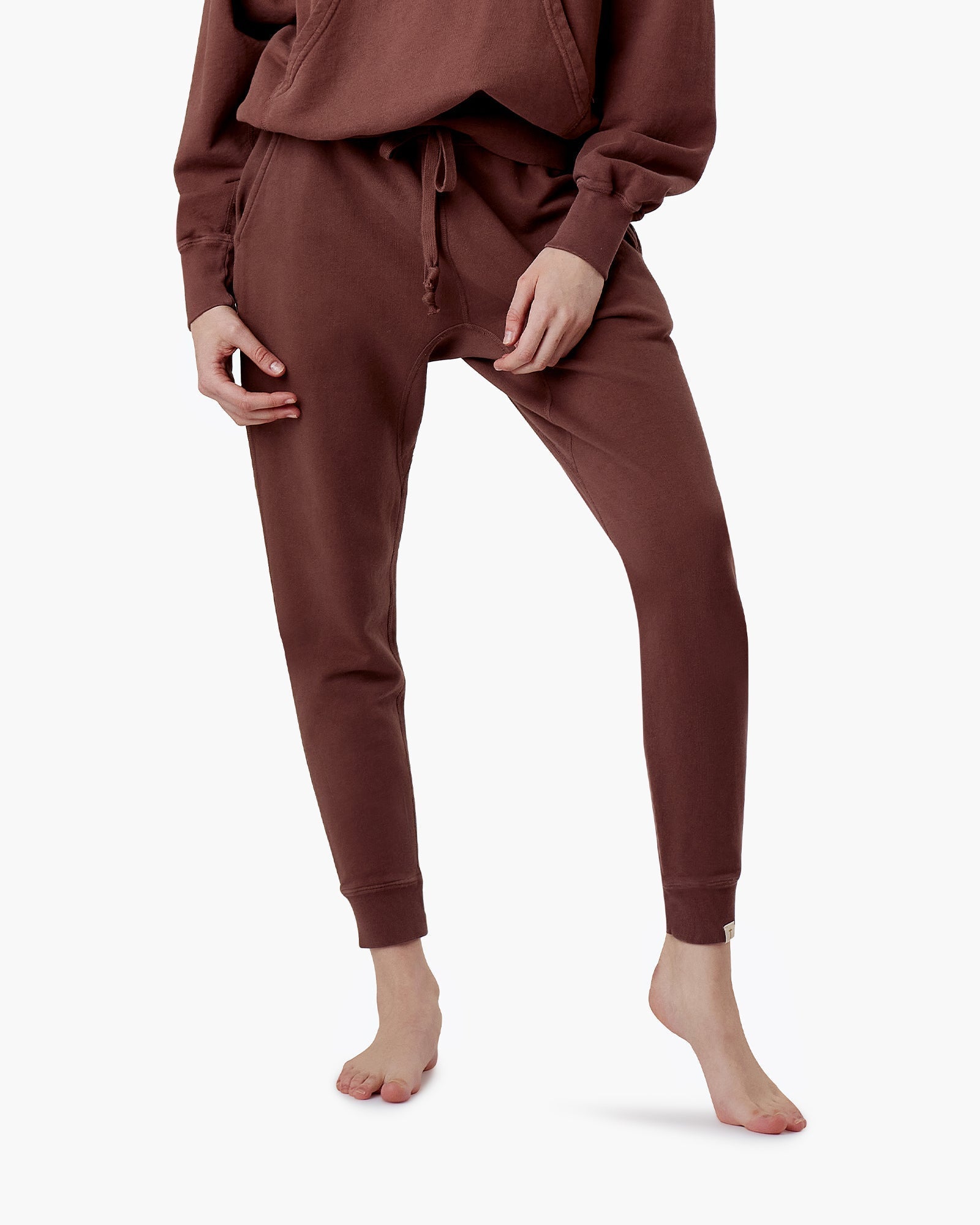 Image of a model wearing Pants. Productname: Core Sport Jogger Cafe in Cafe colour by brand - TKEES