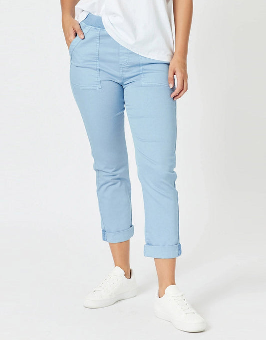 Image of a model wearing Pants. Productname: Isabella Cotton Pant - in Blue colour by brand - Threadz