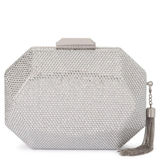 Image of Bags. Productname: TILLY Hotfix Clutch with Tassel in Silver colour by brand - Olga Berg