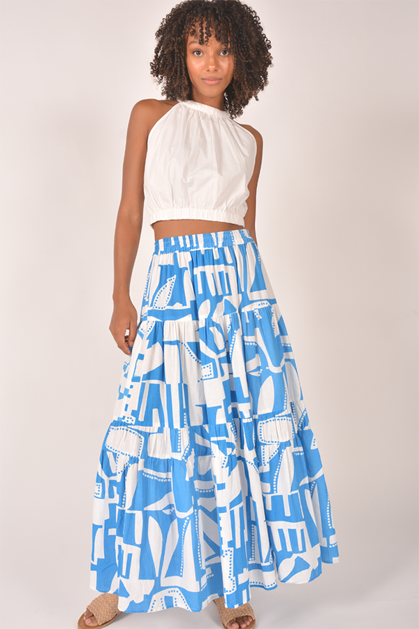Image of a model wearing Skirts. Productname: Itami Eden Skirt Toureg Blue in Blue colour by brand - Itami Division