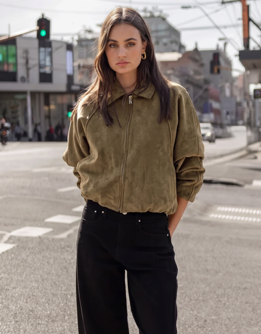Stories Be Told Troupe Faux Suede Zip Through Bubble Hem Bomber Jacket (Khaki)