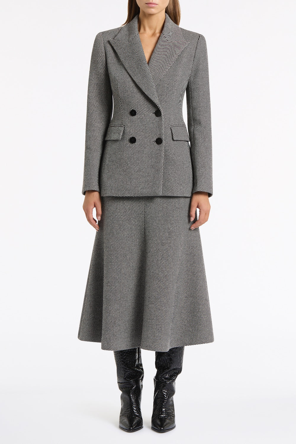 Image of Coats & Jackets. Product name - Twill Coating Double Breasted Blazer in Grey colour by brand - Carla Zampatti