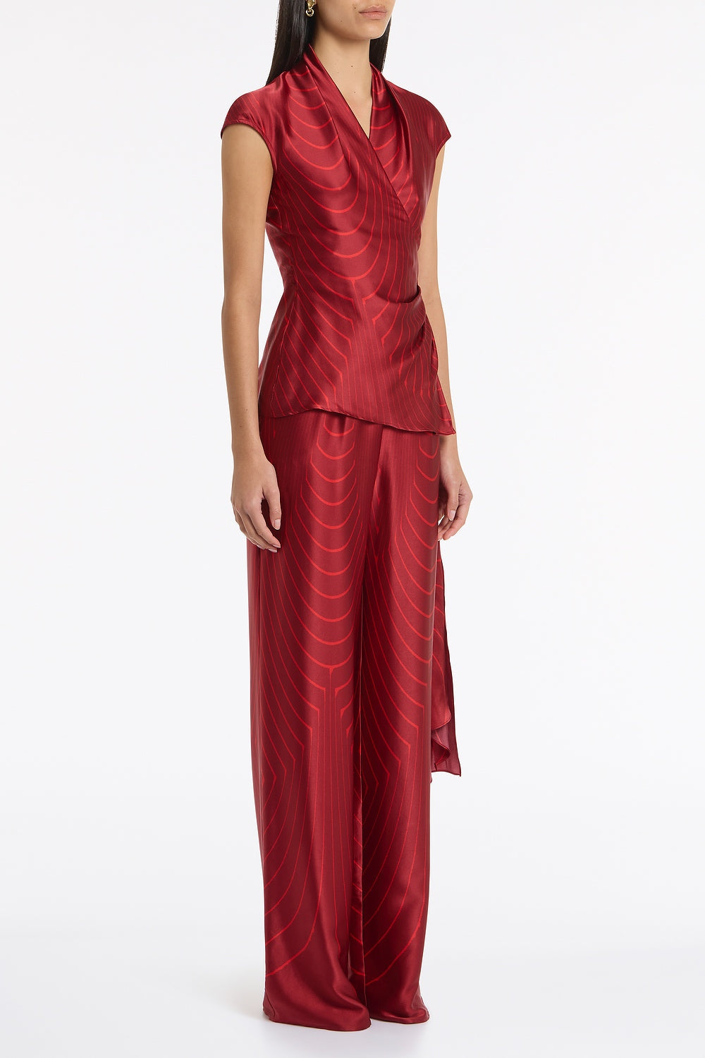Carla Zampatti Undercurrent Silk Viscose Stretch Cap Sleeve Wrap Top (Red)