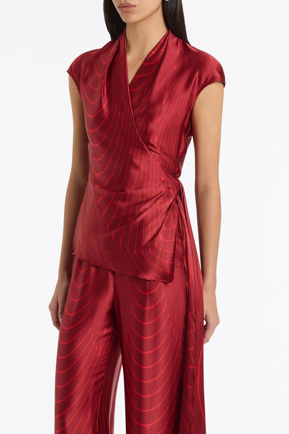 Carla Zampatti Undercurrent Silk Viscose Stretch Cap Sleeve Wrap Top (Red)