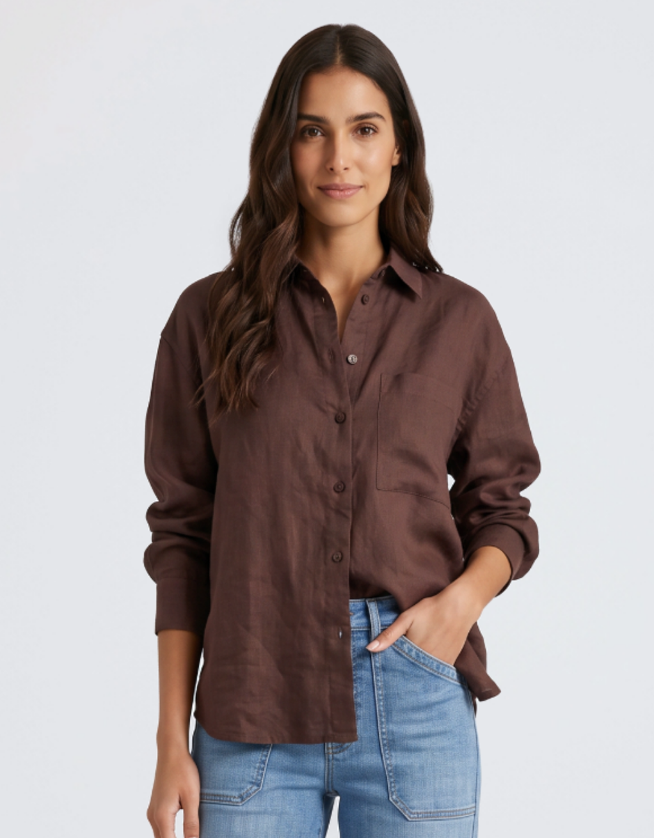 Image of a model wearing Tops. Product name - Uplifted Linen Oversized Shirt Chocolate in Chocolate colour by brand - Re:Union The Label