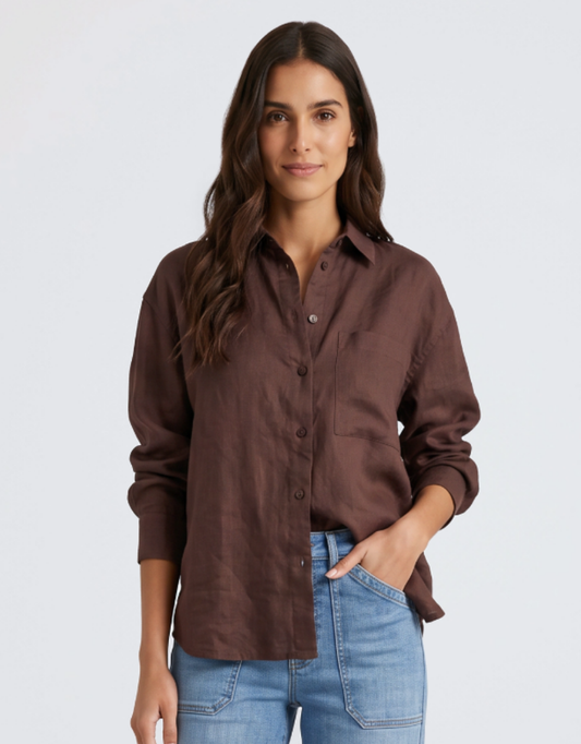 Image of a model wearing Tops. Product name - Uplifted Linen Oversized Shirt Chocolate in Chocolate colour by brand - Re:Union The Label