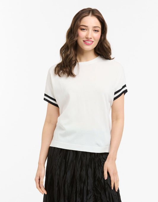 Image of a model wearing Outerwear. Productname: Knit Top Stripe Cuff - in White colour by brand - Urban Luxury