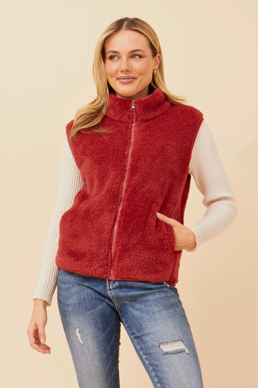 Image of Coats & Jackets. Product name - ZABRINA FAUX FUR VEST in Cherrywood colour by brand - Caroline Morgan Australia