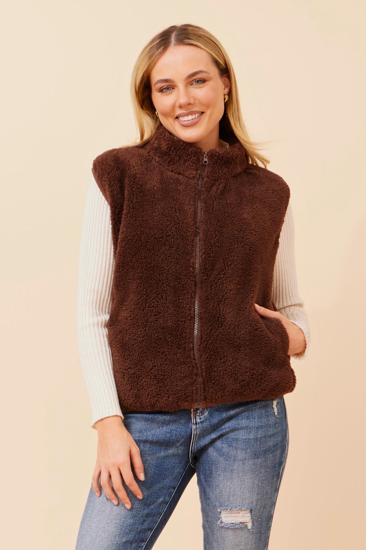 Image of Coats & Jackets. Product name - ZABRINA FAUX FUR VEST in Chocolate colour by brand - Caroline Morgan Australia