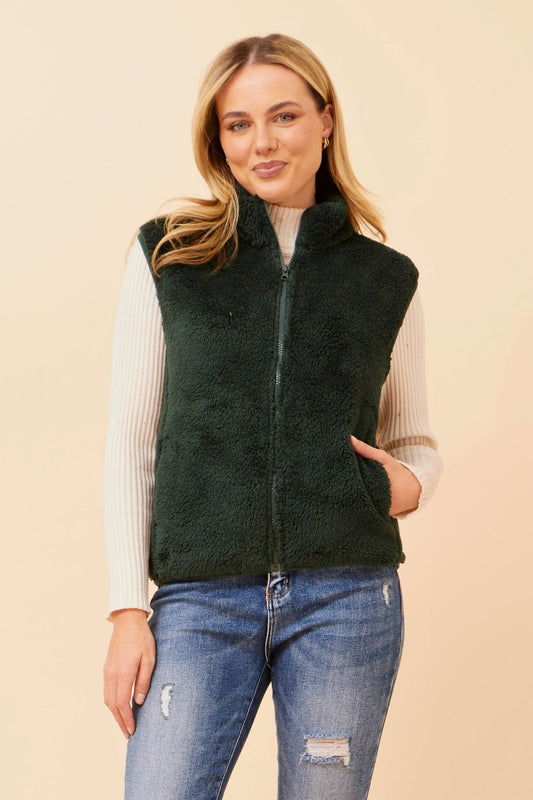 Image of Coats & Jackets. Product name - ZABRINA FAUX FUR VEST in Green colour by brand - Caroline Morgan Australia