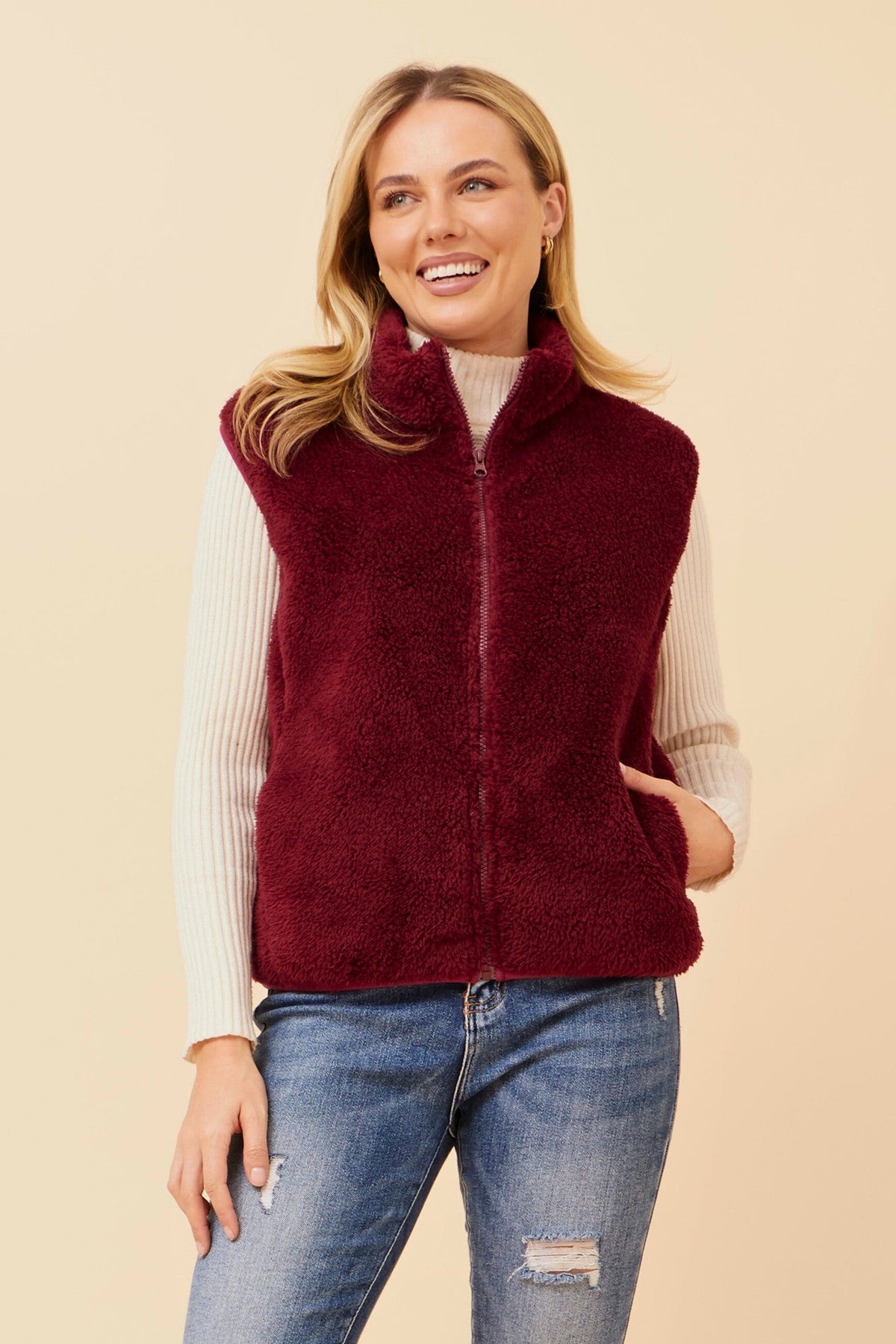 Image of Coats & Jackets. Product name - ZABRINA FAUX FUR VEST in Red colour by brand - Caroline Morgan Australia