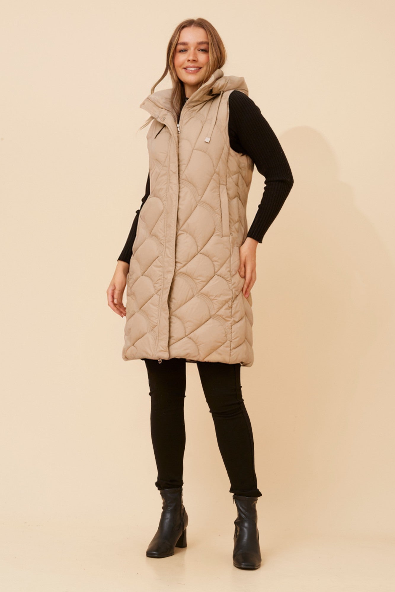 Image of Coats & Jackets. Product name - GEVAH SOLID PUFFER VEST in Beige colour by brand - Caroline Morgan Australia