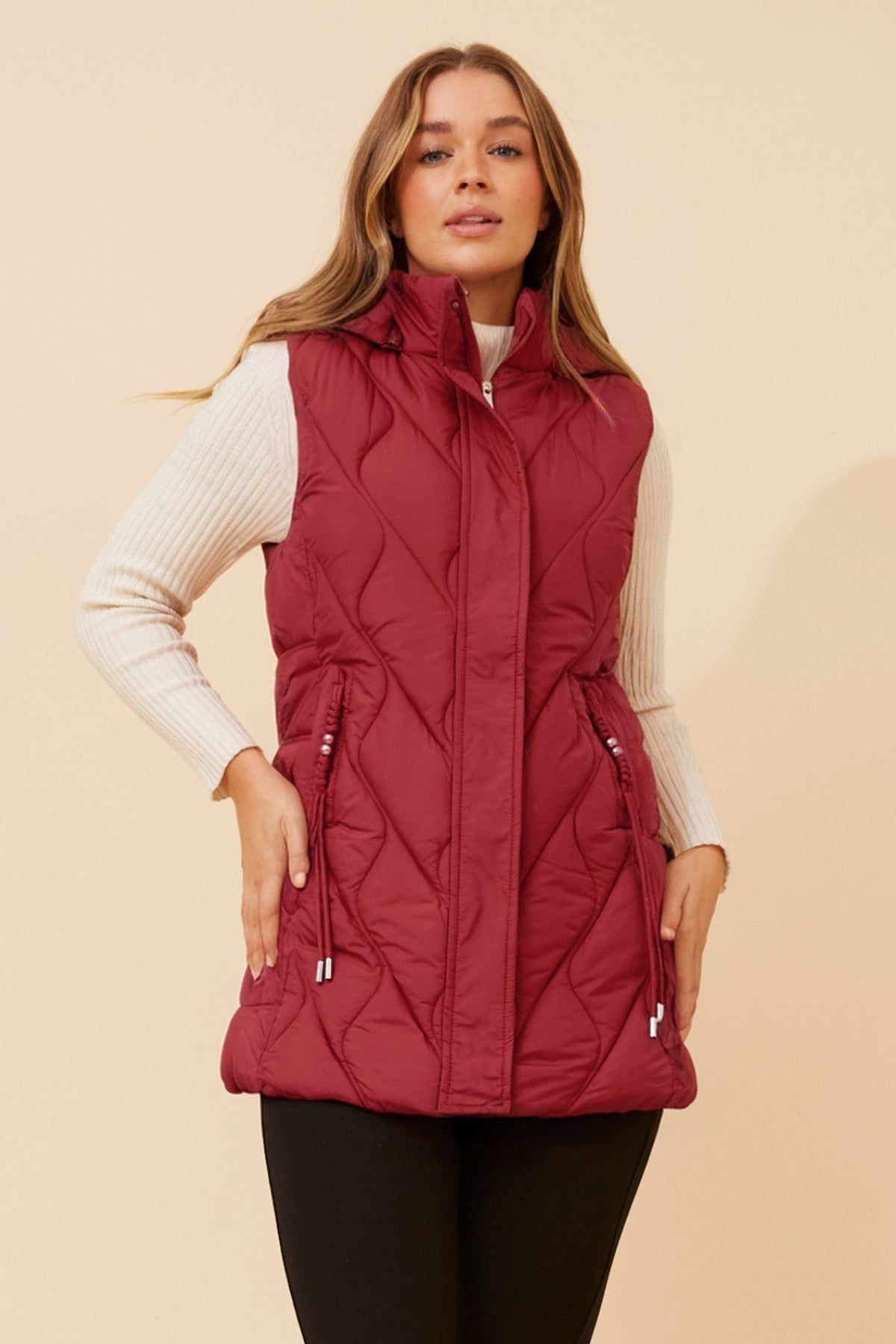 Image of Coats & Jackets. Product name - TILBA SOLID PUFFER VEST in Cement colour by brand - Caroline Morgan Australia