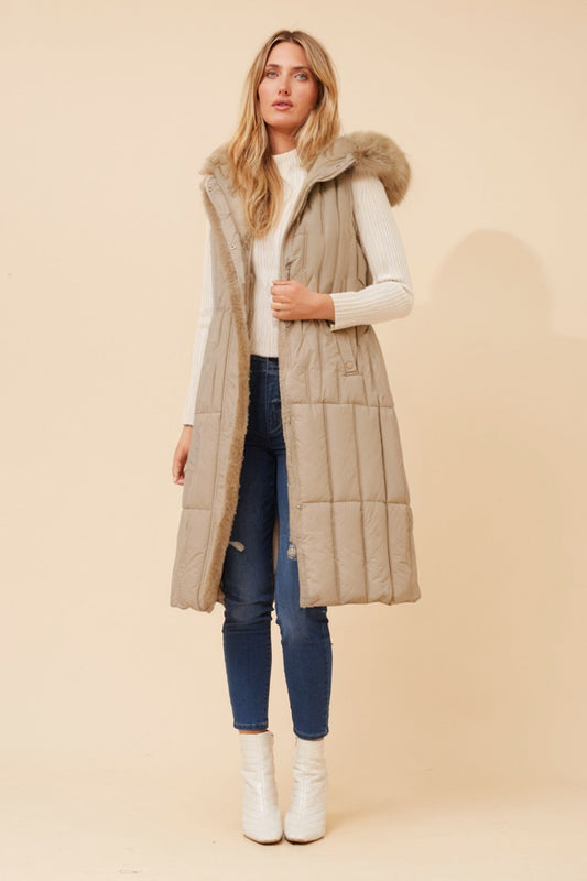 Image of Coats & Jackets. Product name - GIORDANA SOLID PUFFER VEST in Beige colour by brand - Caroline Morgan Australia