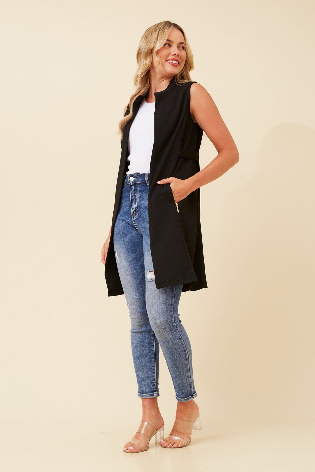 Image of Coats & Jackets. Product name - RYLEE SOLID VEST in Black colour by brand - Caroline Morgan Australia