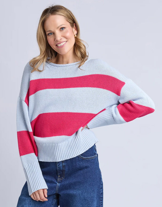 Image of a model wearing Outerwear. Product name - Vesi Stripe Knit Pink/Blue Stripe in Pink/Blue Stripe colour by brand - Elm