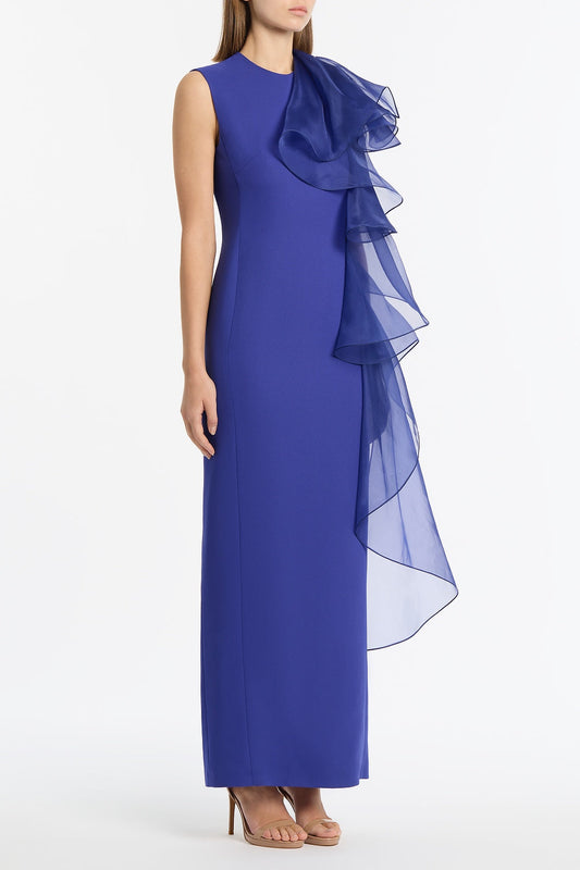 Carla Zampatti Violet Crepe Ruffle Shoulder Gown (Blue)
