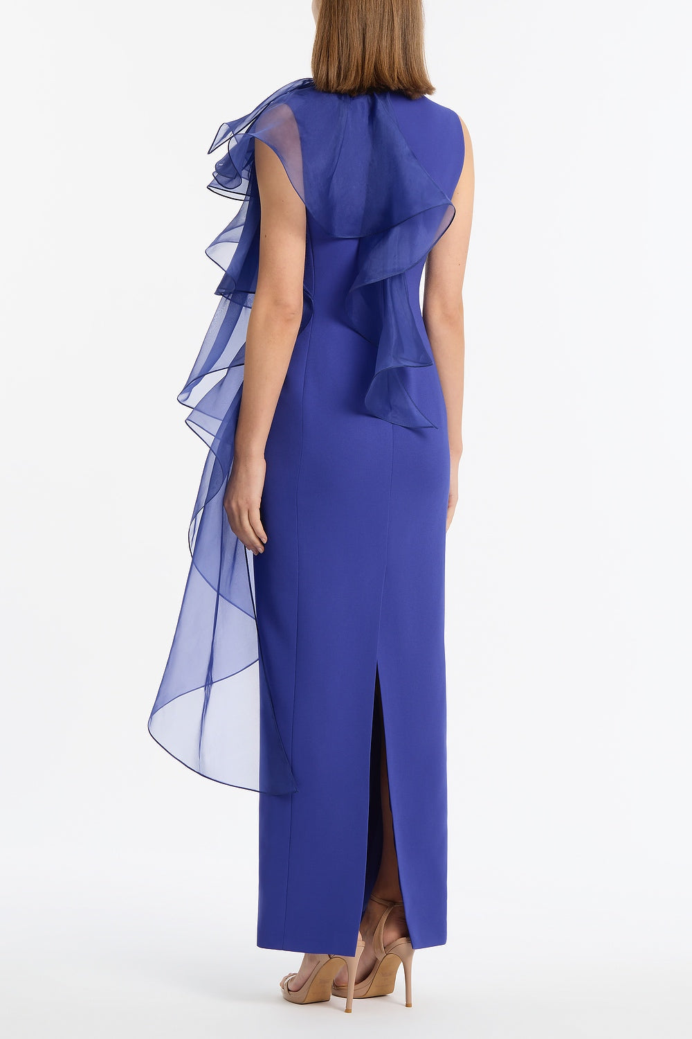 Carla Zampatti Violet Crepe Ruffle Shoulder Gown (Blue)