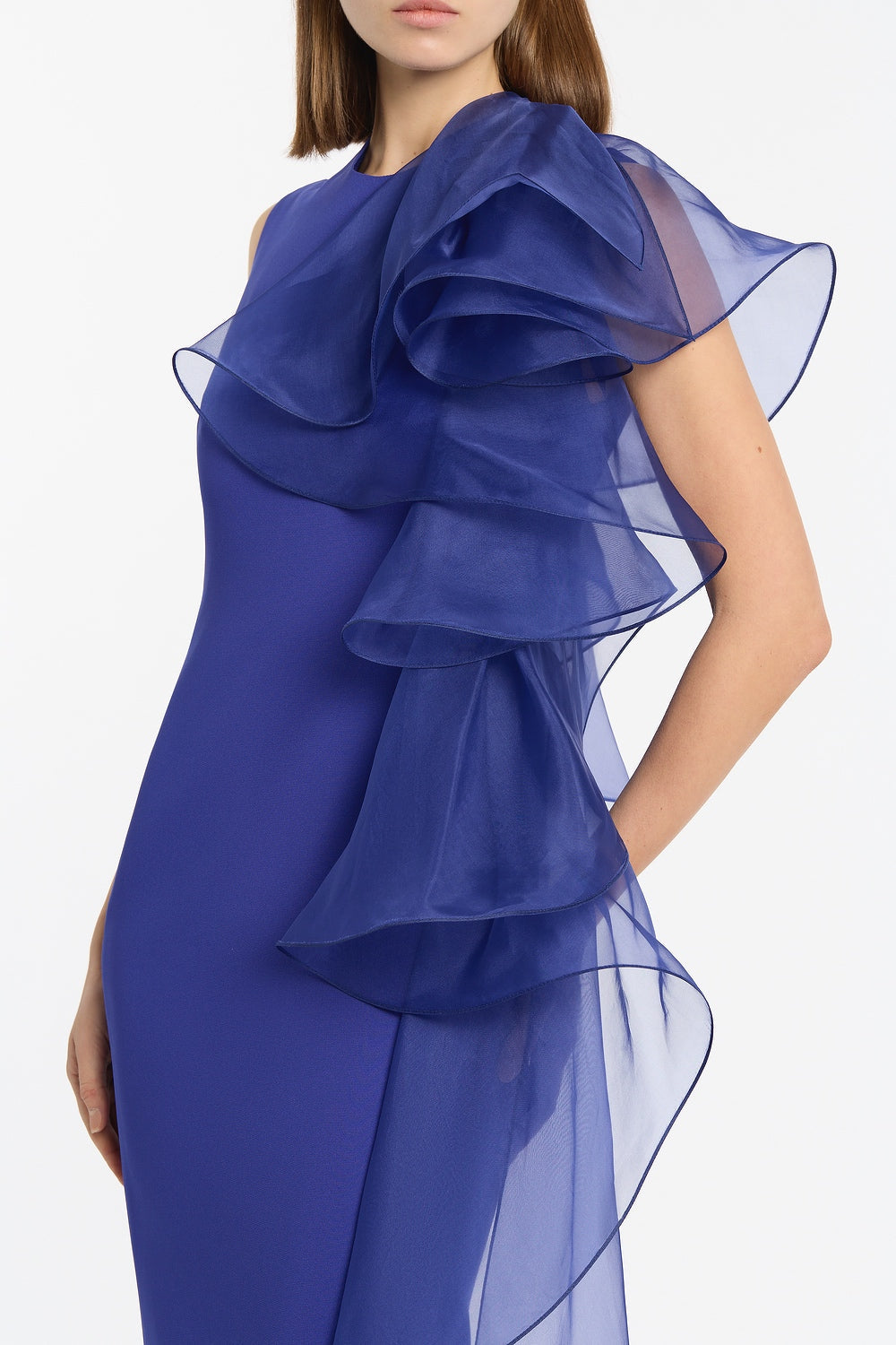 Carla Zampatti Violet Crepe Ruffle Shoulder Gown (Blue)