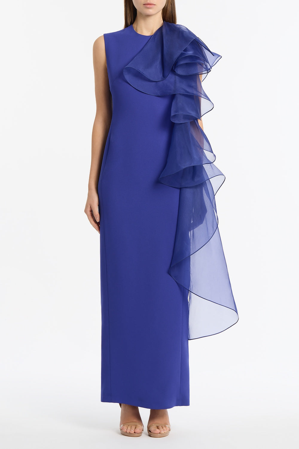 Image of Dresses. Product name - Violet Crepe Ruffle Shoulder Gown in Blue colour by brand - Carla Zampatti