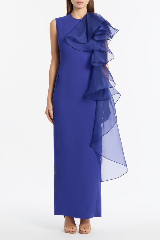 Image of Dresses. Product name - Violet Crepe Ruffle Shoulder Gown in Blue colour by brand - Carla Zampatti