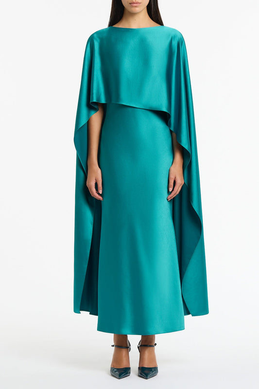 Image of Dresses. Product name - Viridian Lustre Satin Asymmetric Drape Dress in Green colour by brand - Carla Zampatti