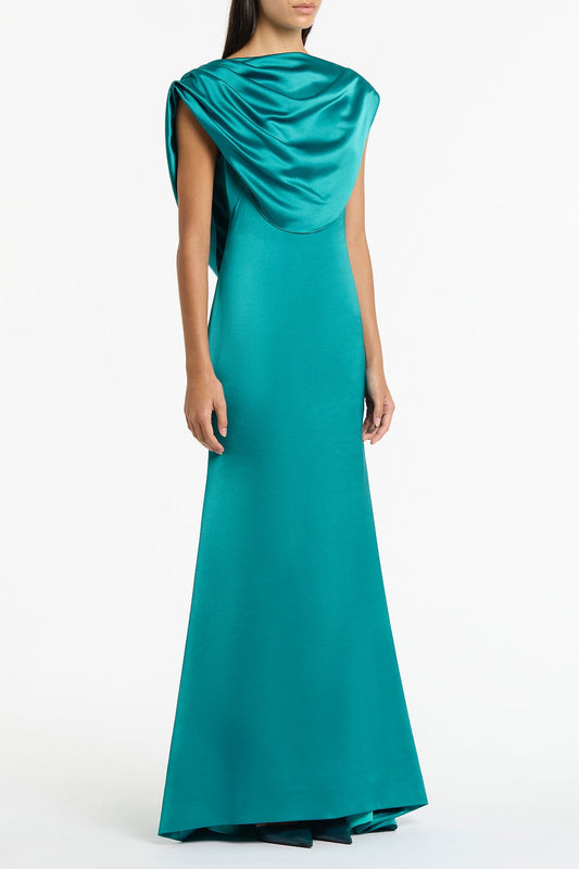 Carla Zampatti Viridian Lustre Satin Shoulder Drape Gown (Green)