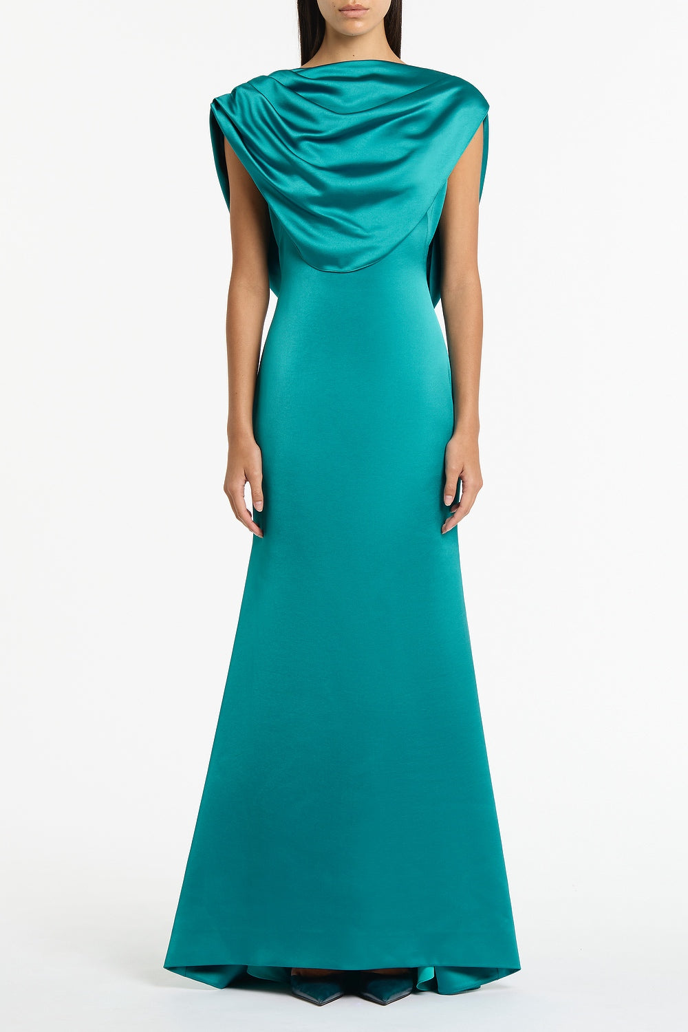 Image of Dresses. Product name - Viridian Lustre Satin Shoulder Drape Gown in Green colour by brand - Carla Zampatti